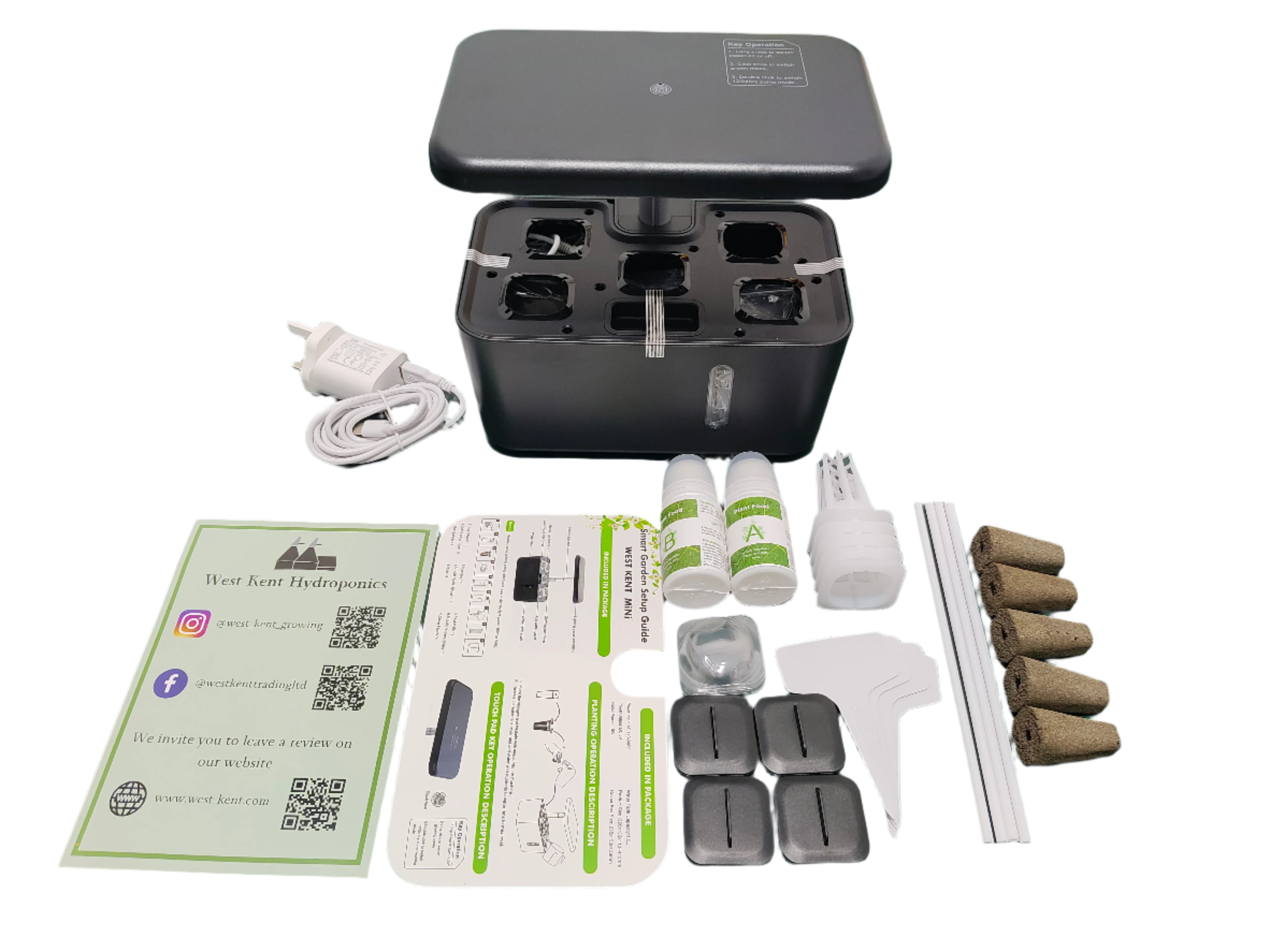 West Kent 5-Pod Smart Garden Mini black indoor hydroponic system with 5 baskets, sponges, domes, support rods, seed port covers, plant labels, and nutrient starter pack