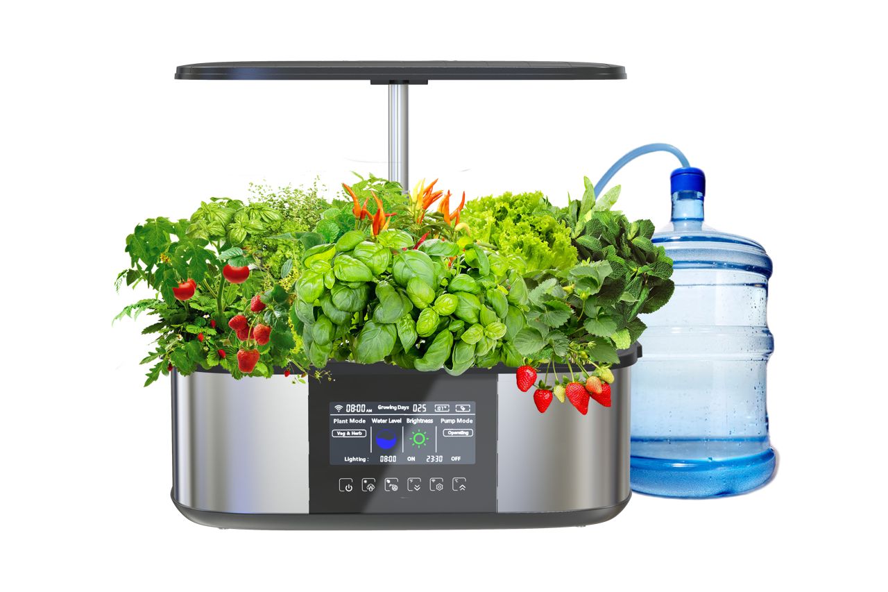 West Kent 21-Pod Indoor Hydroponic Smart Garden with external water source tube connected, demonstrating expandable water supply for automated growth
