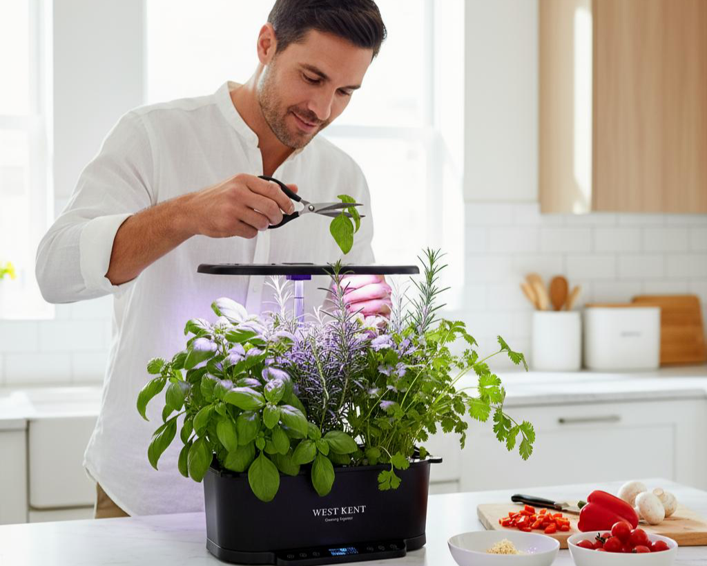 West Kent smart garden growing herbs on a kitchen counter